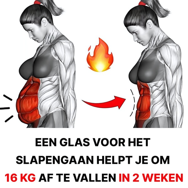 A split-screen illustrative comparison showing abdominal transformation for a health supplement, using a fire icon to signify fat burning.
